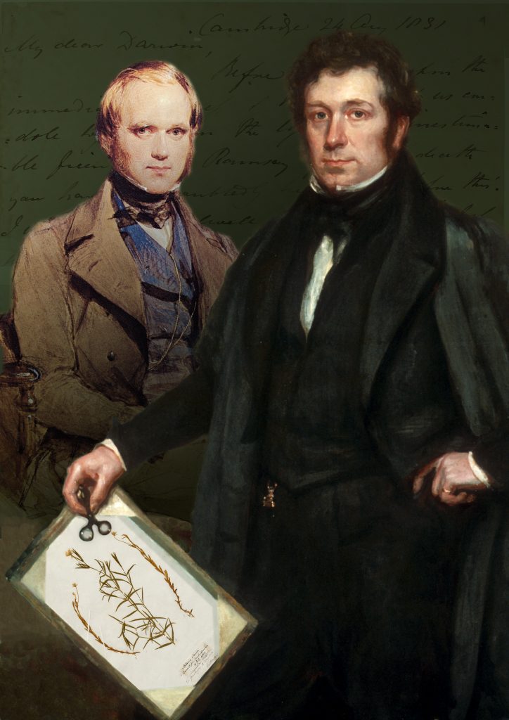 A portrait style painting of two gentlemen - one a young Charles Darwin and the other his tutor and mentor, John Stevens Henslow, wearing a black coat and waistcoat and holding a herbarium sheet