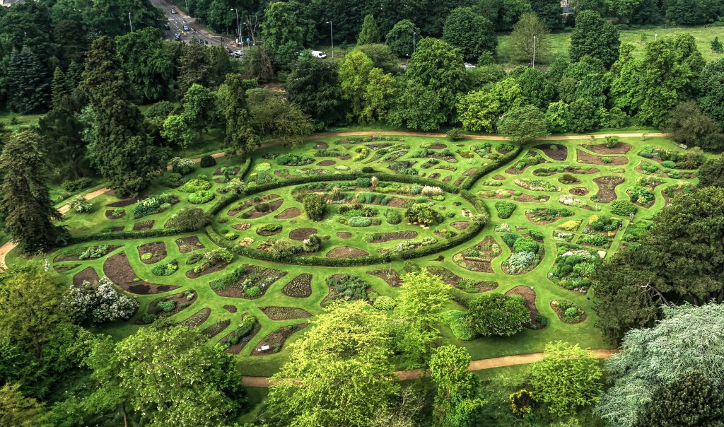 An aerial photo of the systematic beds in a garden.