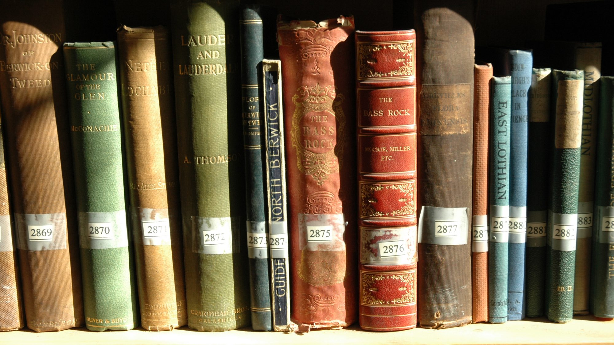 A shelf of old books of reds and browns, each with library stickers on them.