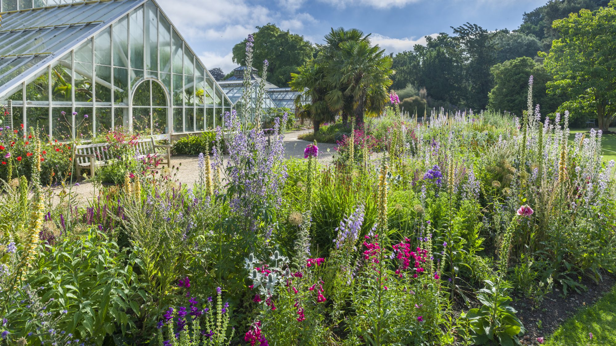 Flower beds of pink, purple and white flowers sit in front of a large glasshouse filled with tropical plants.