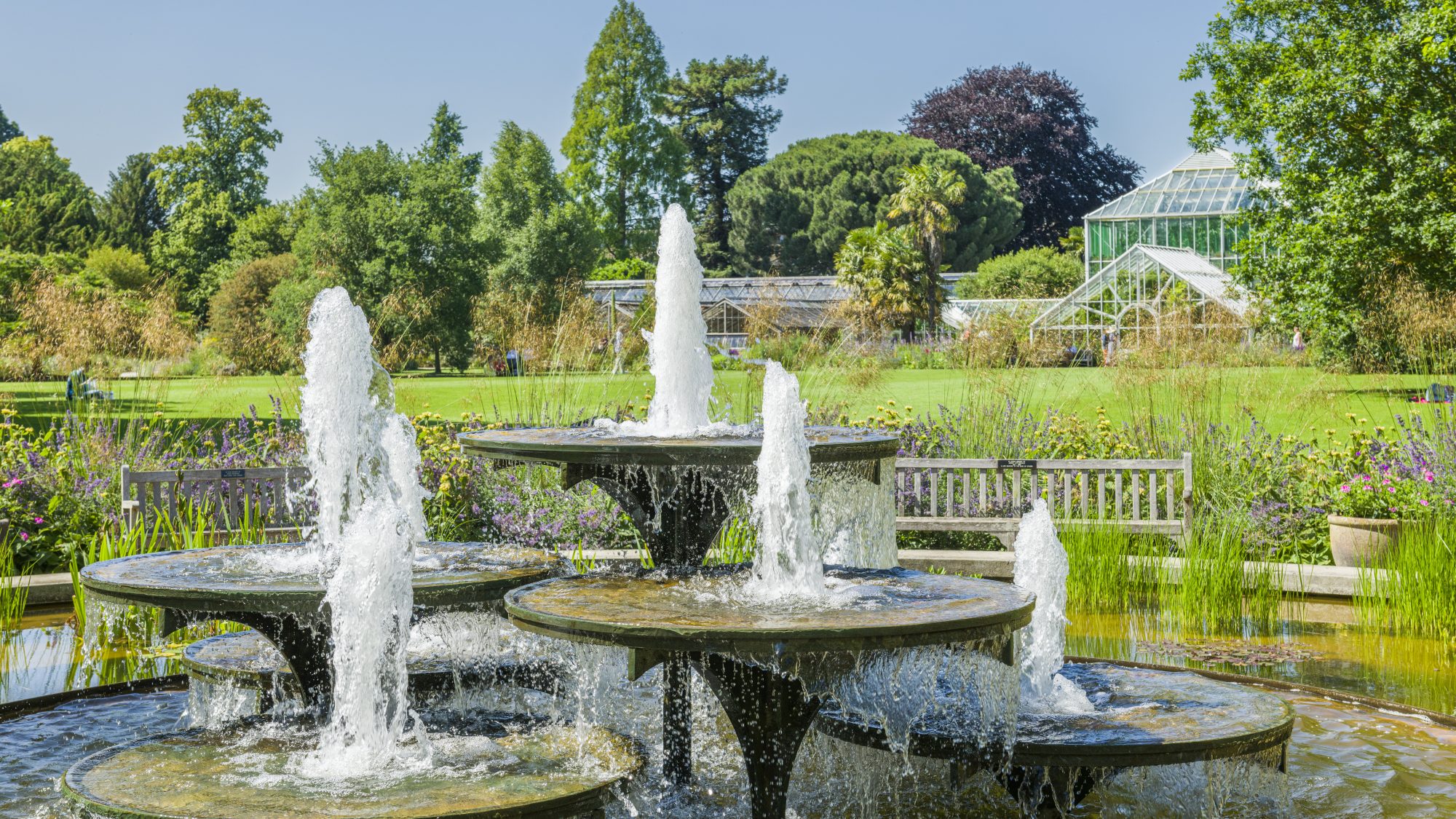 Fountain overlooking the main lawn on a bright day.