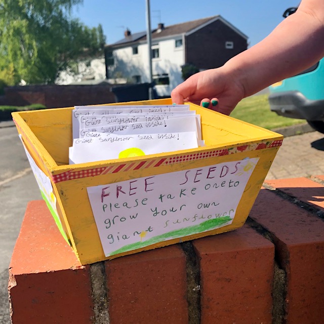 A yellow box with seed packets inside, decorated with a sign saying 'Free seeds' on the outside.