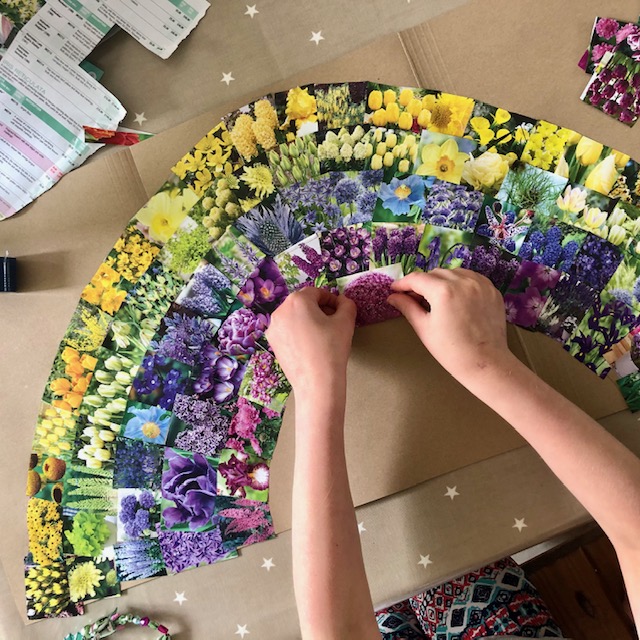 Image of child making a rainbow collage of flower pictures
