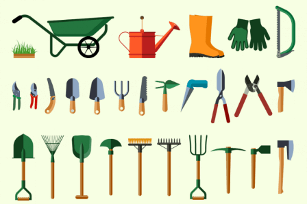 A digital illustration of different garden tools and safety equipment.