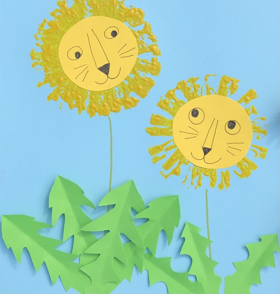 A craft project creating consisting of painted dandelions with smiley faces.