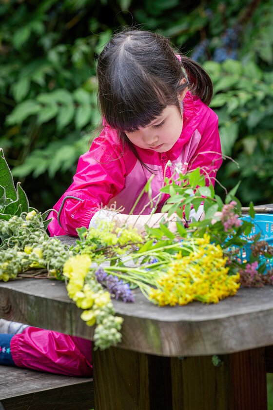 Child exploring flower varieties