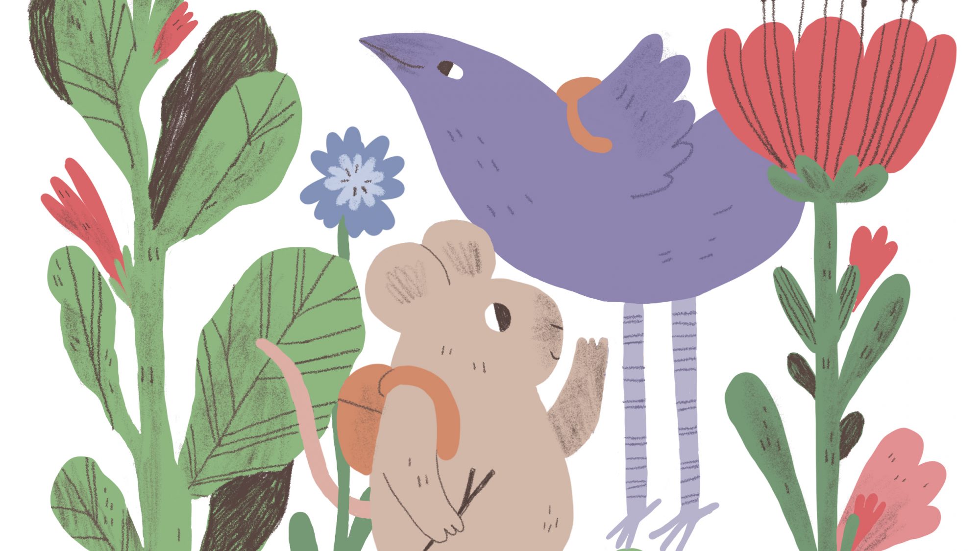 Illustration of a mouse, frog and bird wondering through plants