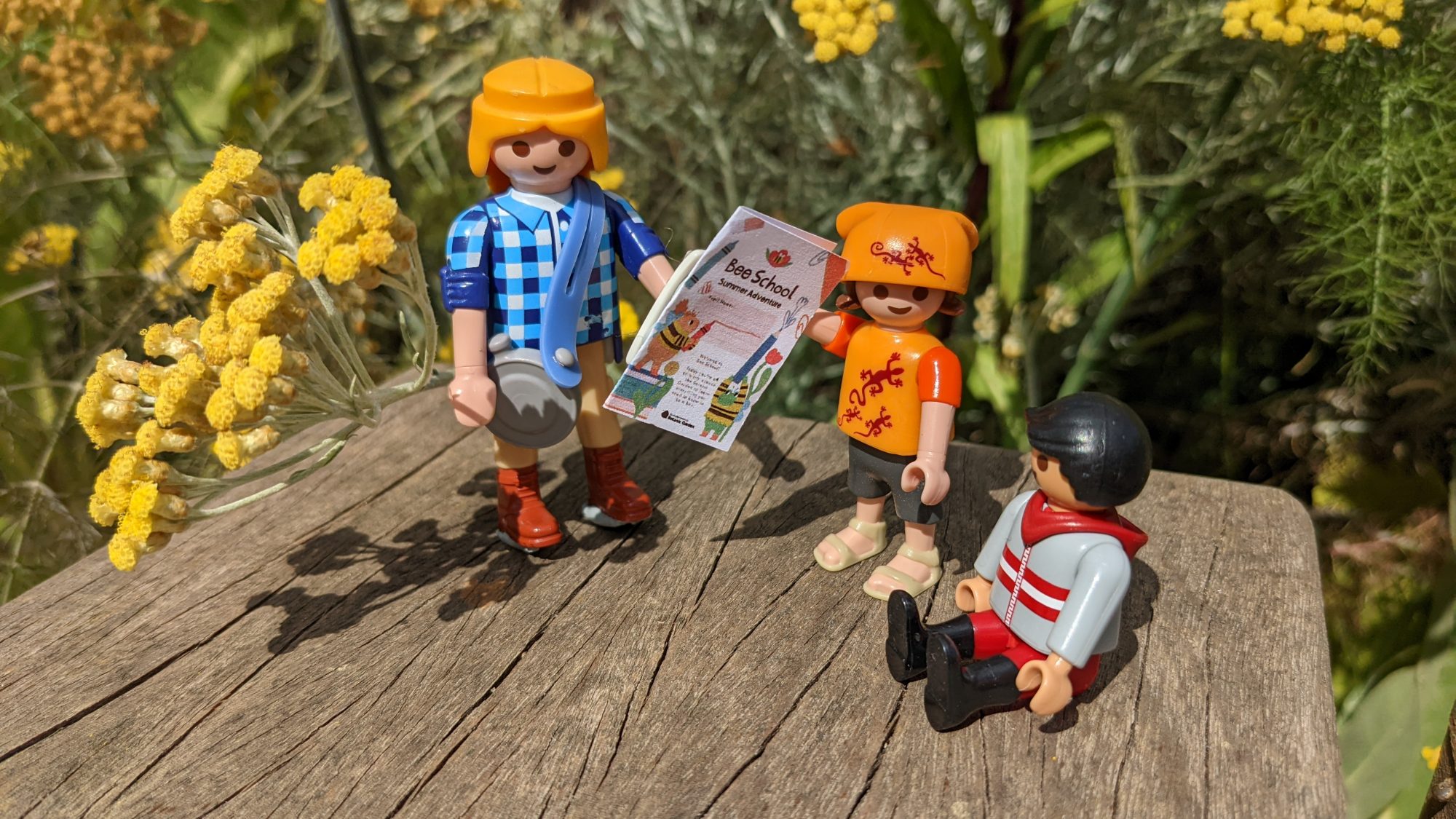 Toy characters doing summer trail at the Botanic Garden