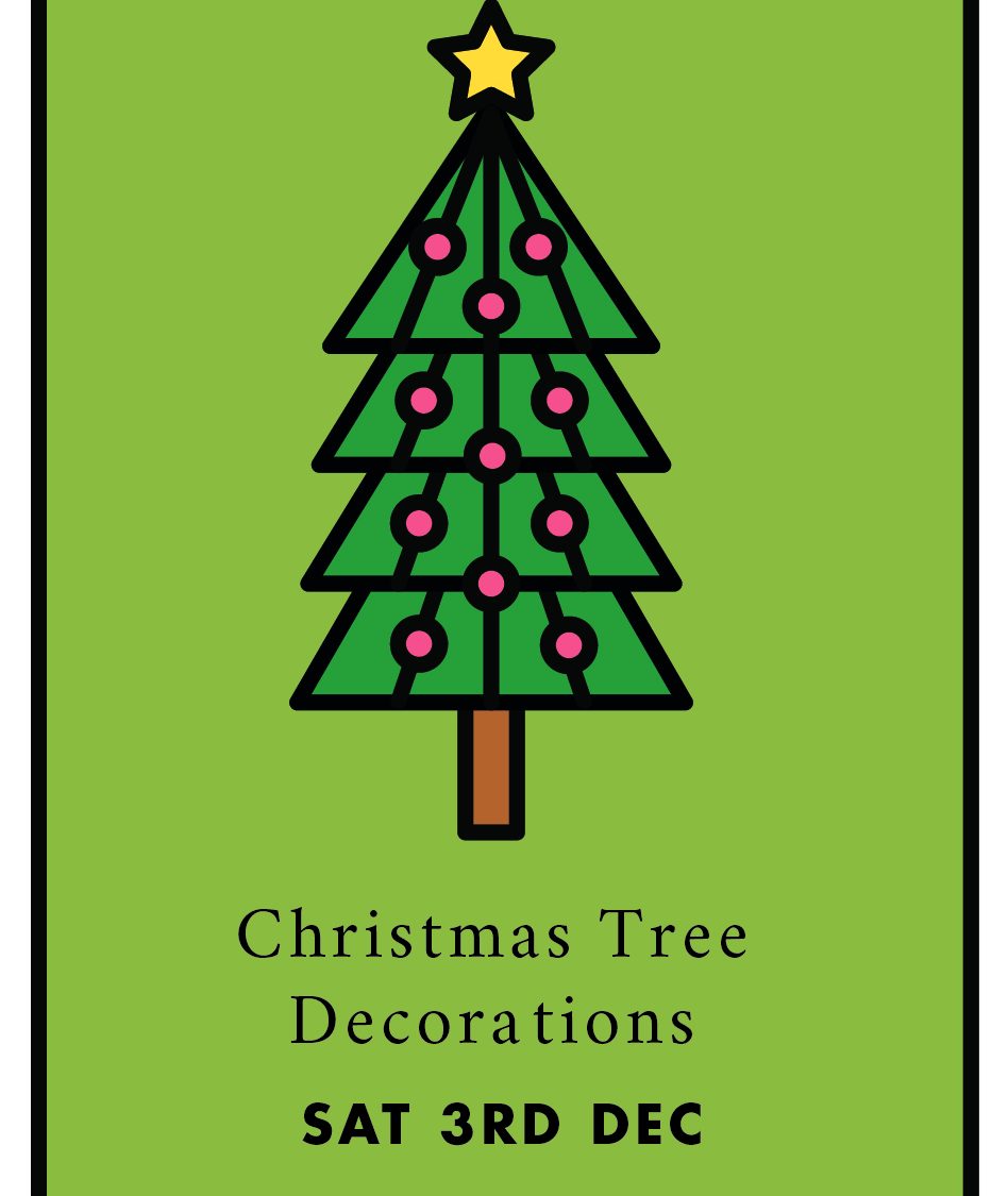 Illustration of a Christmas tree with pink baubles and a yellow star