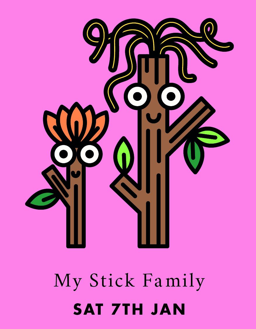Illustration of two sticks with eyes and leaves for hair