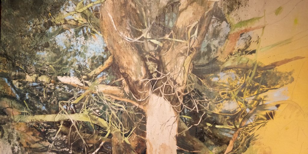 an oil painting of the trunk and branches of a broad leaved tree