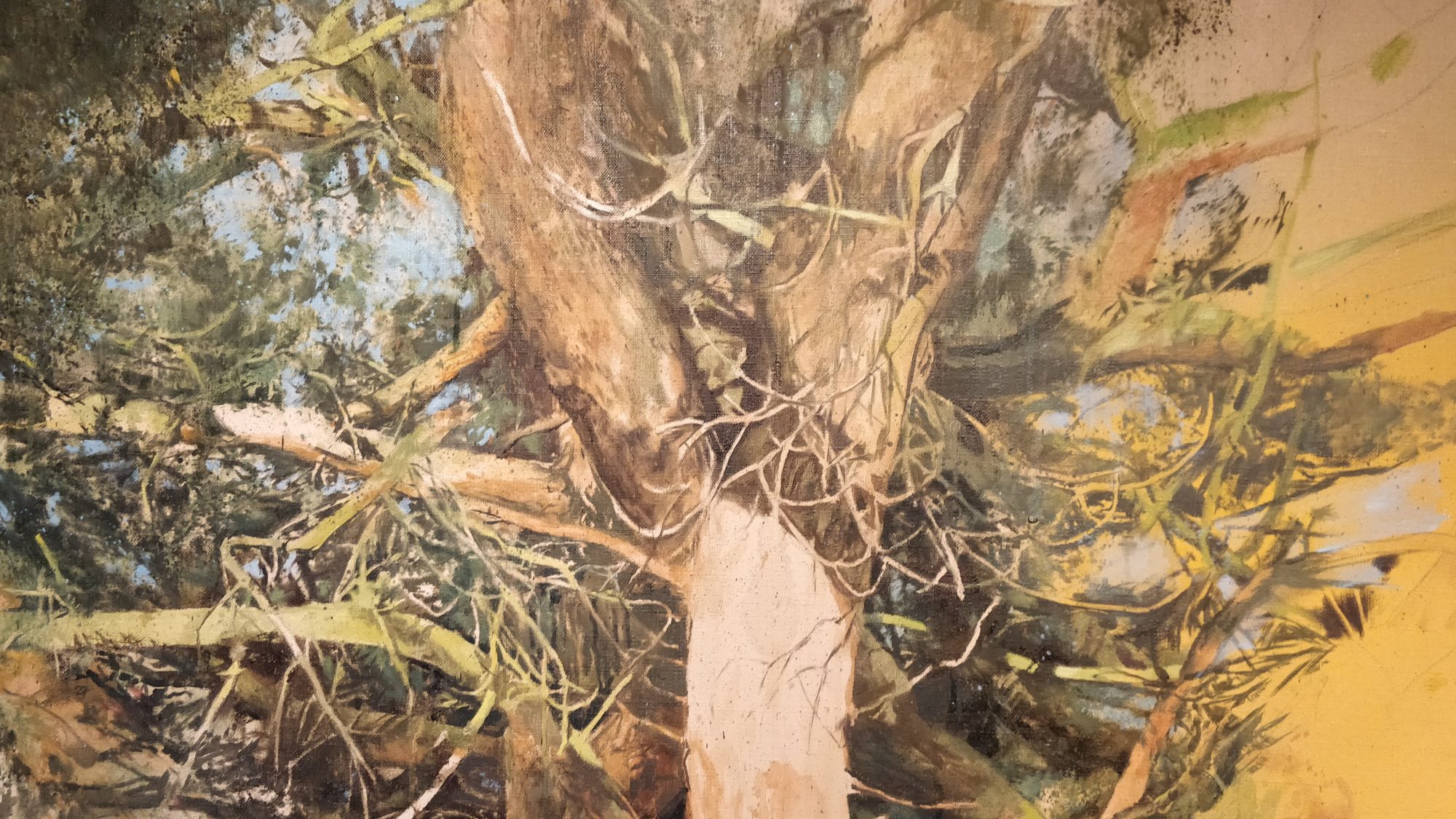 an oil painting of the trunk and branches of a broad leaved tree