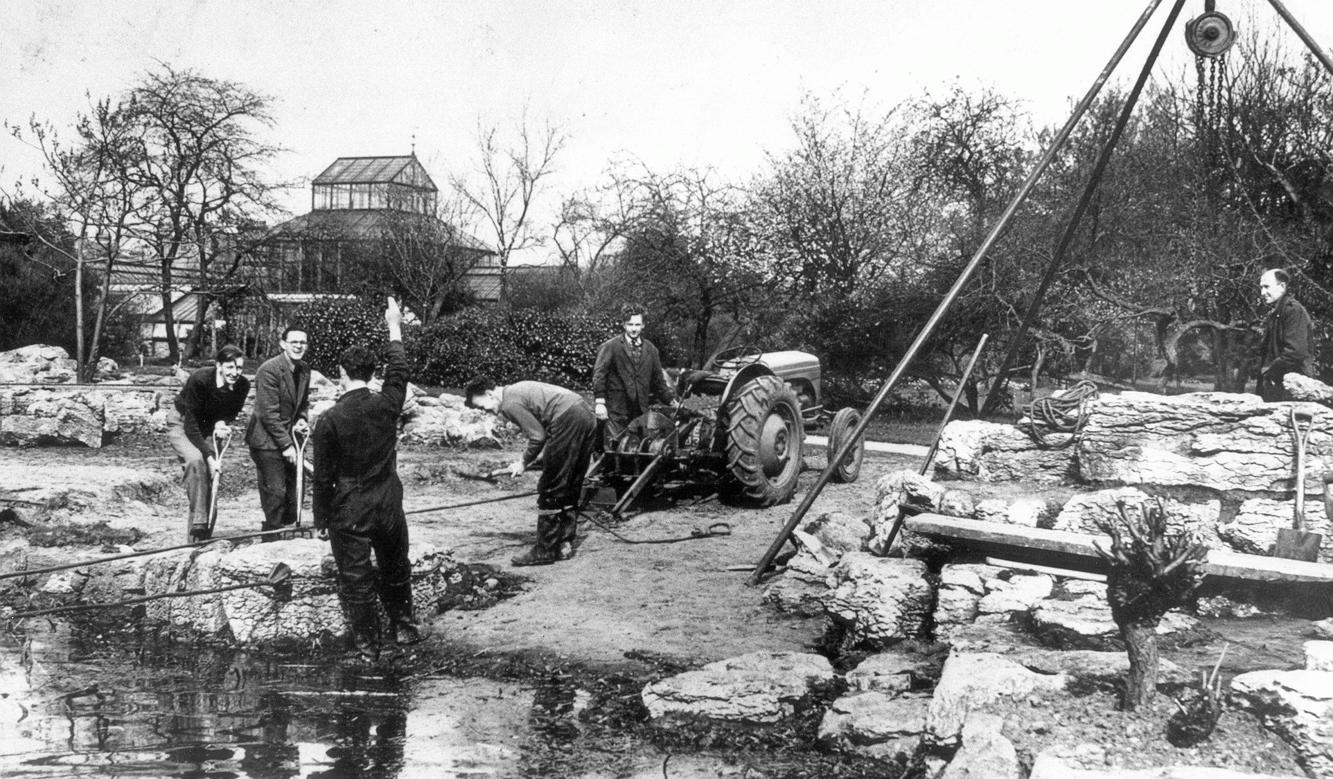 An image of men building the Rock Garden in the late 1950s.