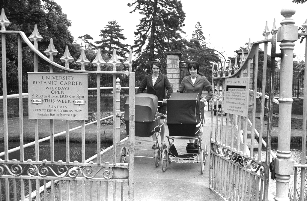 Large iron Garden gates opening with two ladies pushing prams coming through them