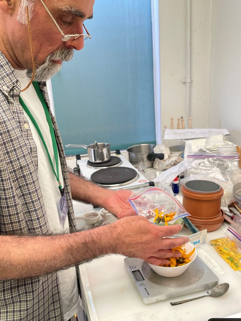Nabil putting collected plant material, including yellow petals, in bowls in his artist laboratory.