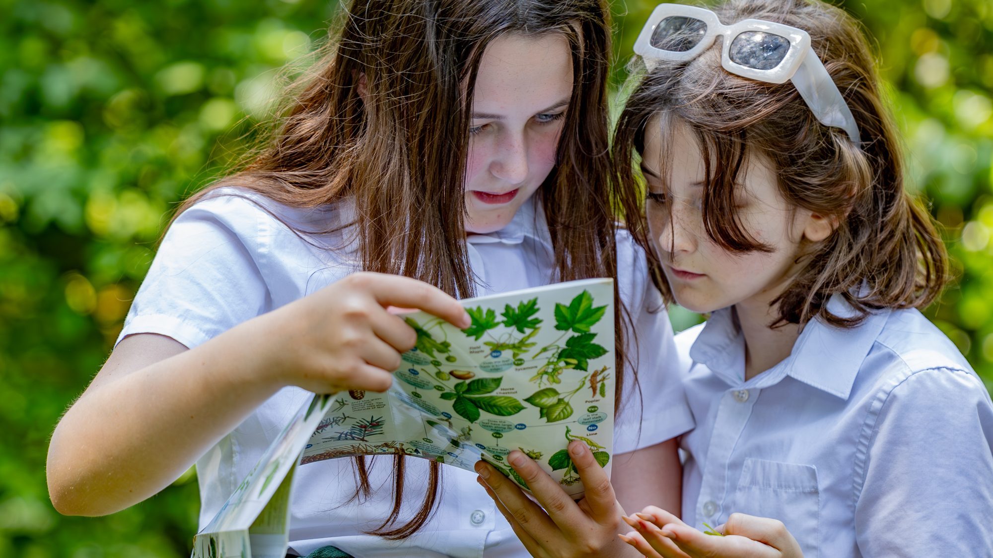Two school girls look at an educational leaflet about leaves in a garden.
