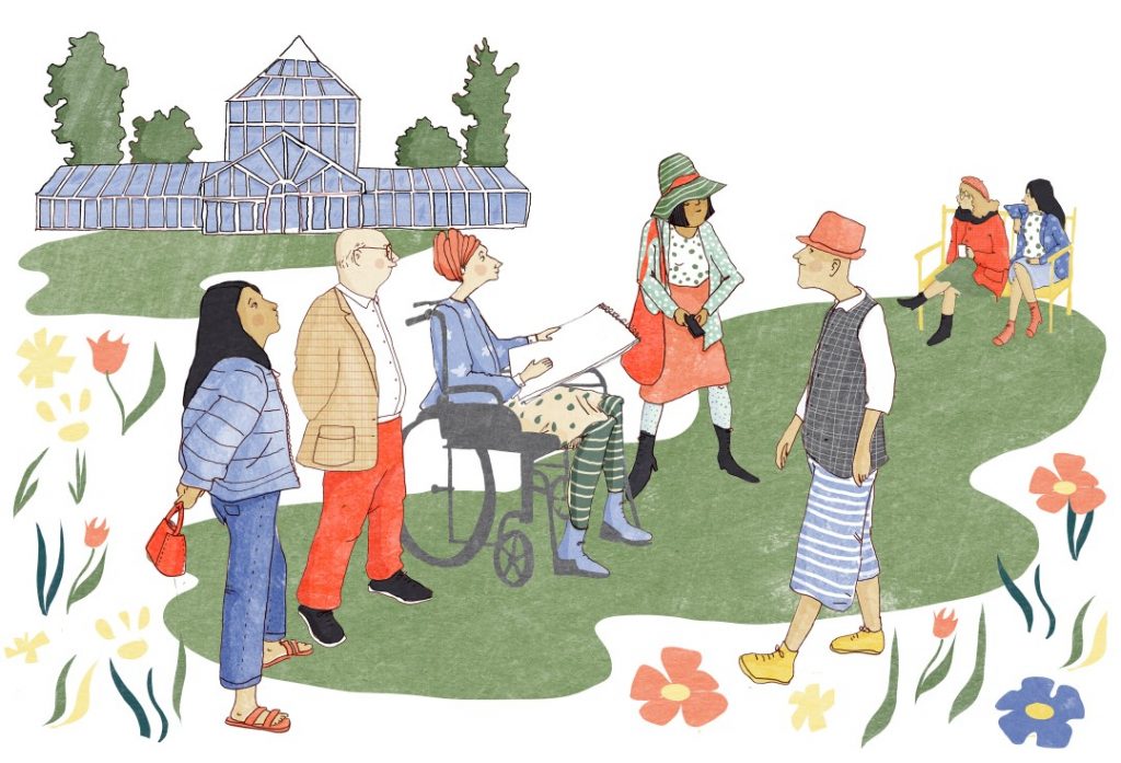 An illustration of a group of people congregating in front of the glasshouses drawn by Karin Eklund
