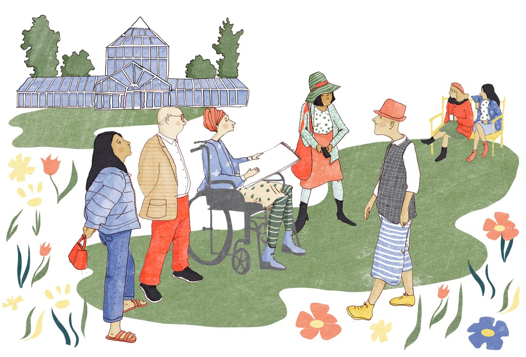 An illustration of a group of people congregating in front of the glasshouses drawn by Karin Eklund