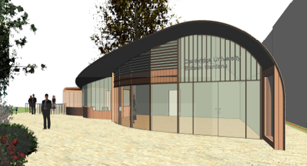artist's impression of the new ticket office showing a glass-fronted building with a curved roof and wooden walls
