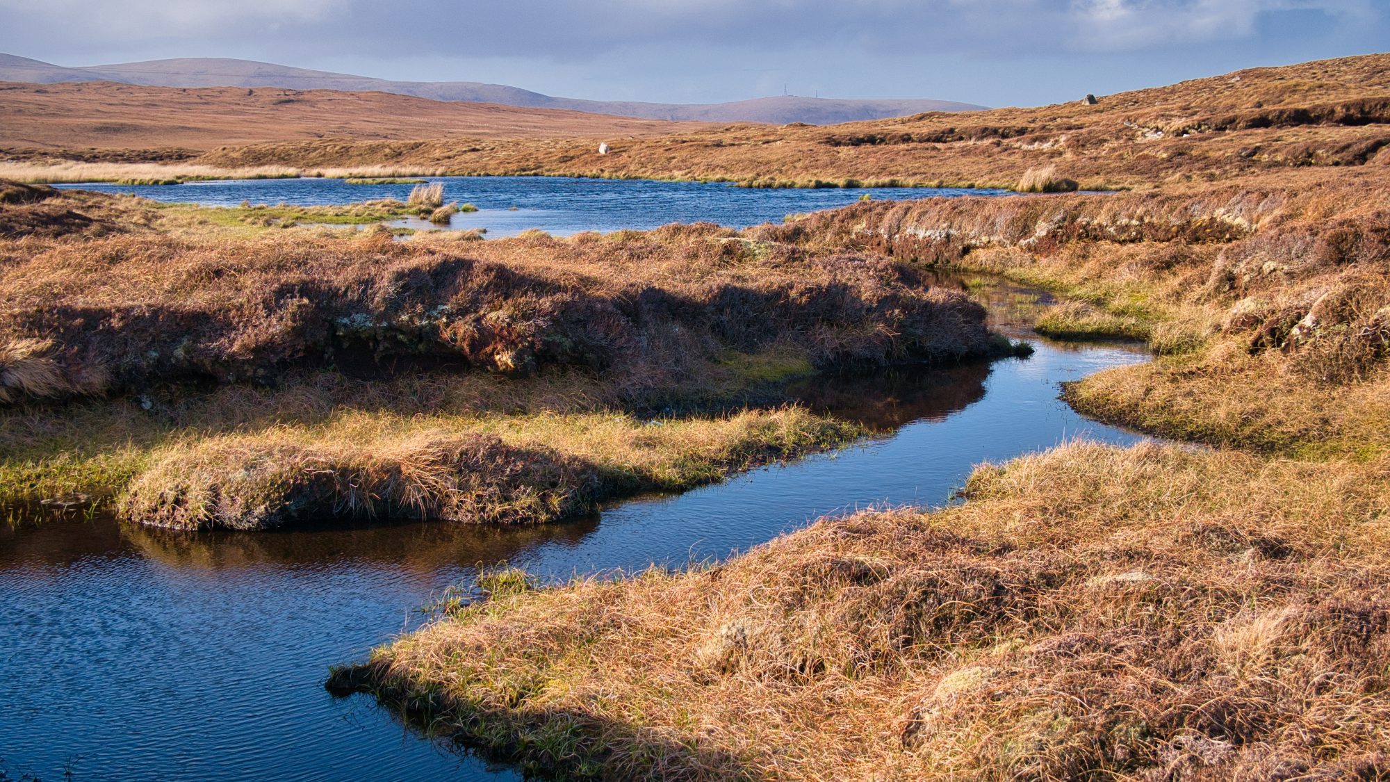 A wetland area forming peat near Eshaness, Northmavine on Mainland, Shetland, UK. Taken on a sunny day with blue sky and white clouds.