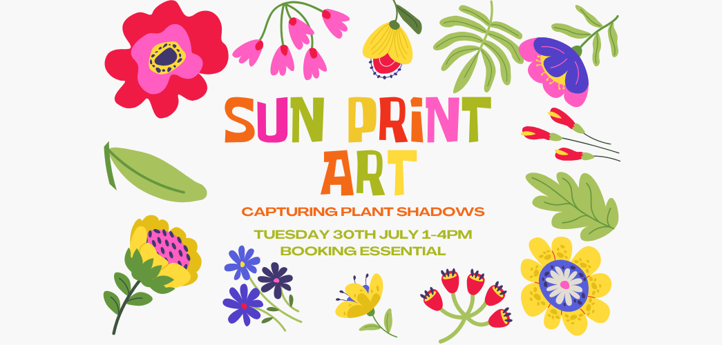 Colourful image of hand-drawn stylised flowers with the words 'Sun Print Art' in the centre of the image. 