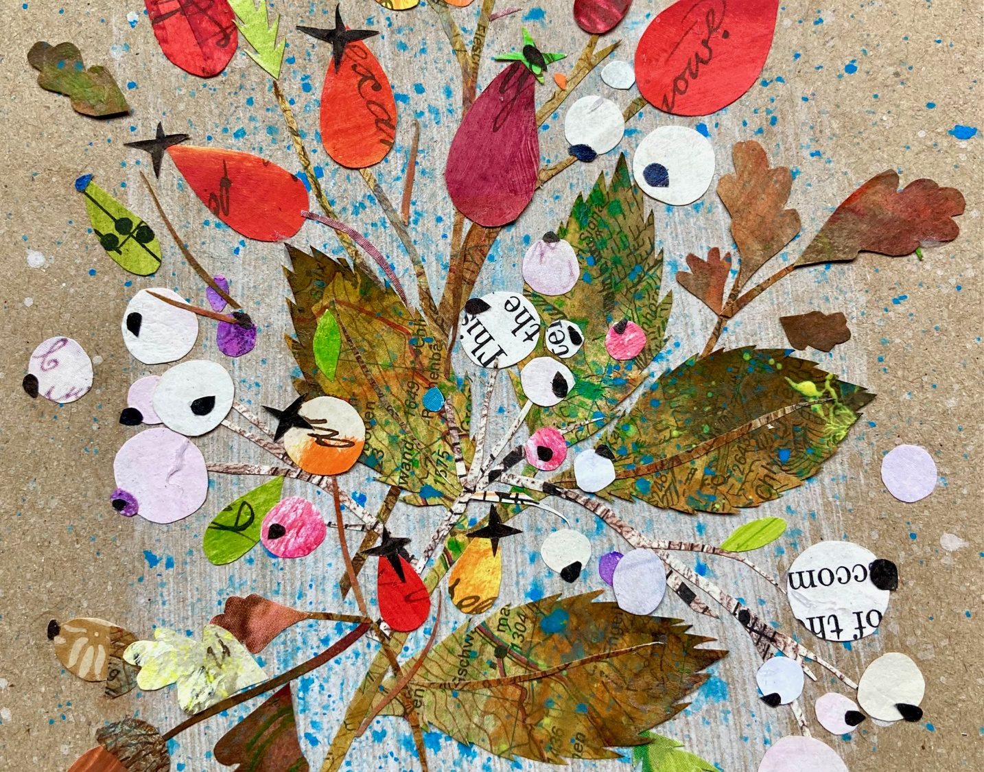a collage of berries and leaves on a patterned background