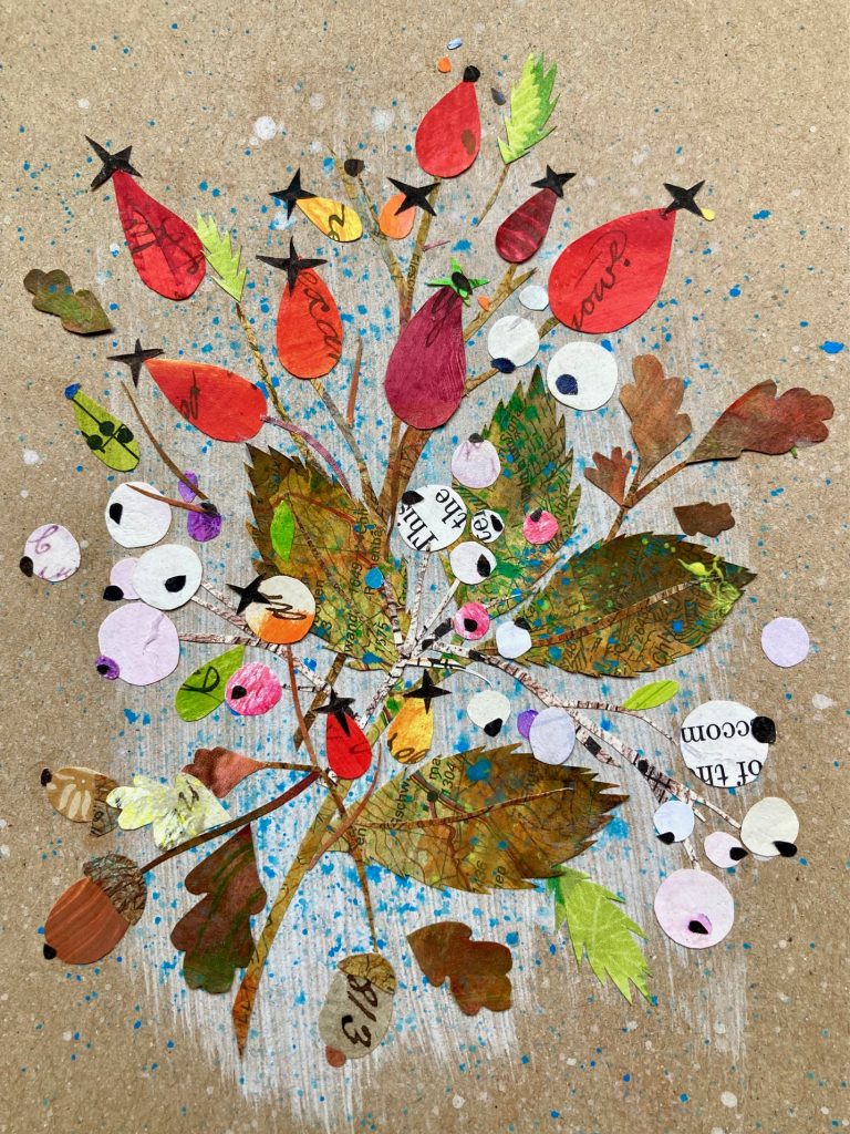 a collage of berries and leaves on a patterned background