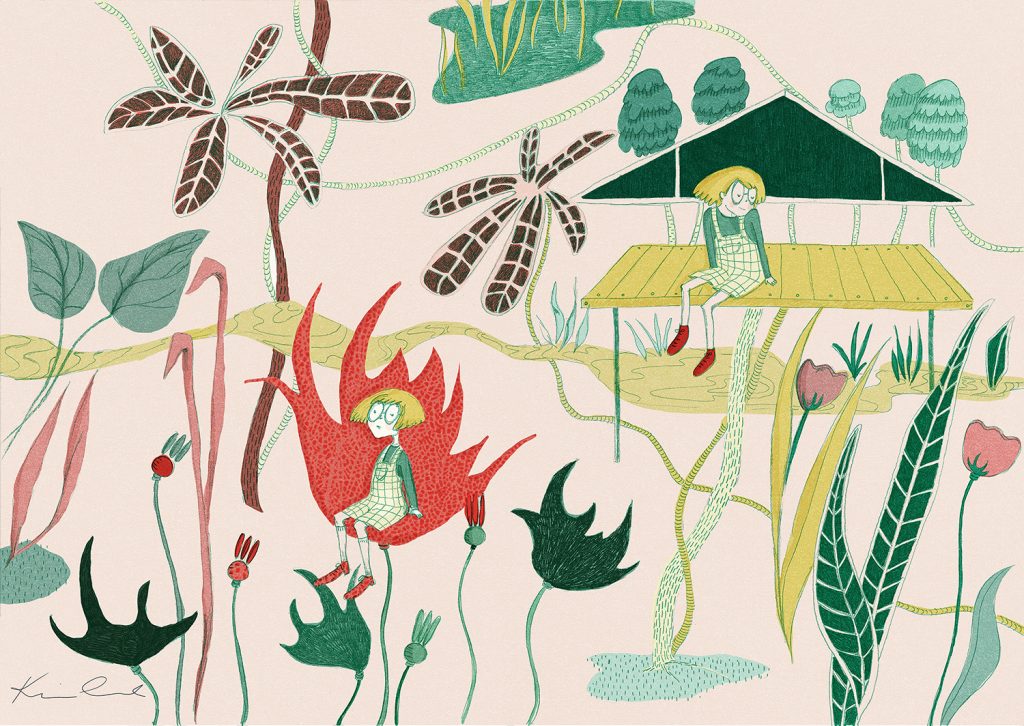stylised colour illustrations of plants and a child wearingchecked short dungarees sitting on plants and waterside platform