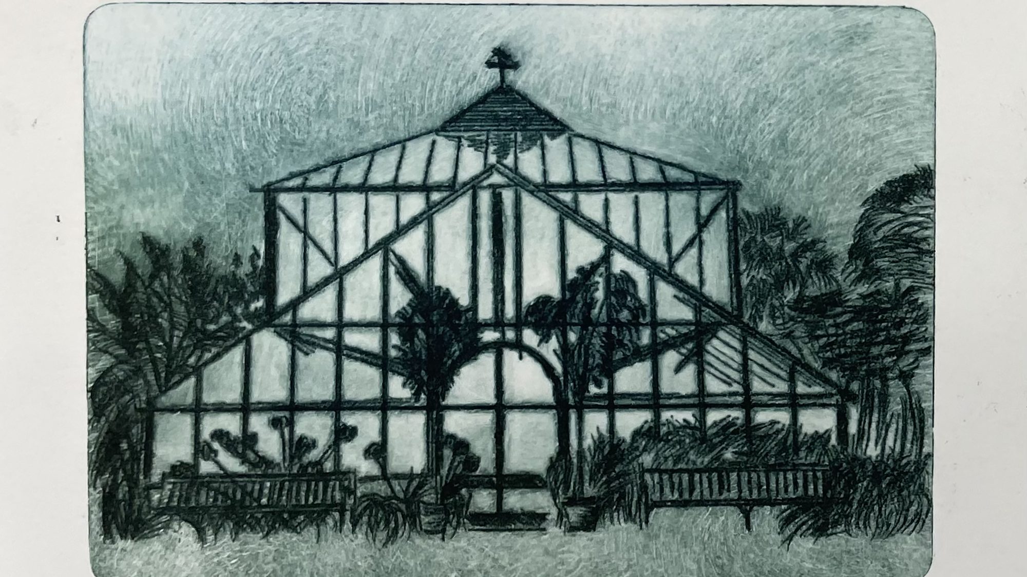 a drypoint image of the Glasshouse