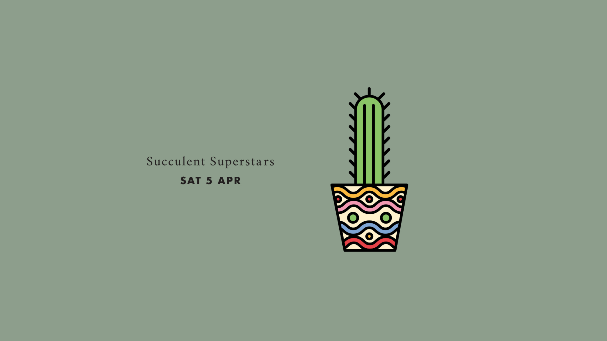 Illustration of a cactus in a colourful and patterned pot.