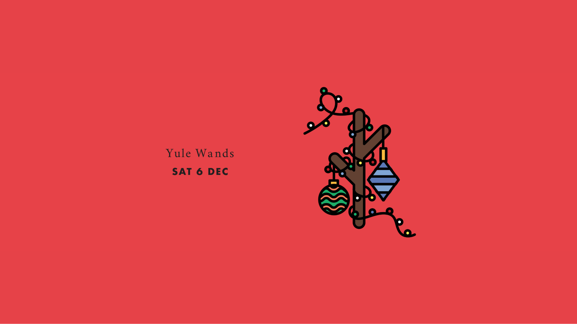 Image of a stick adorned with Christmas baubles and festive string.