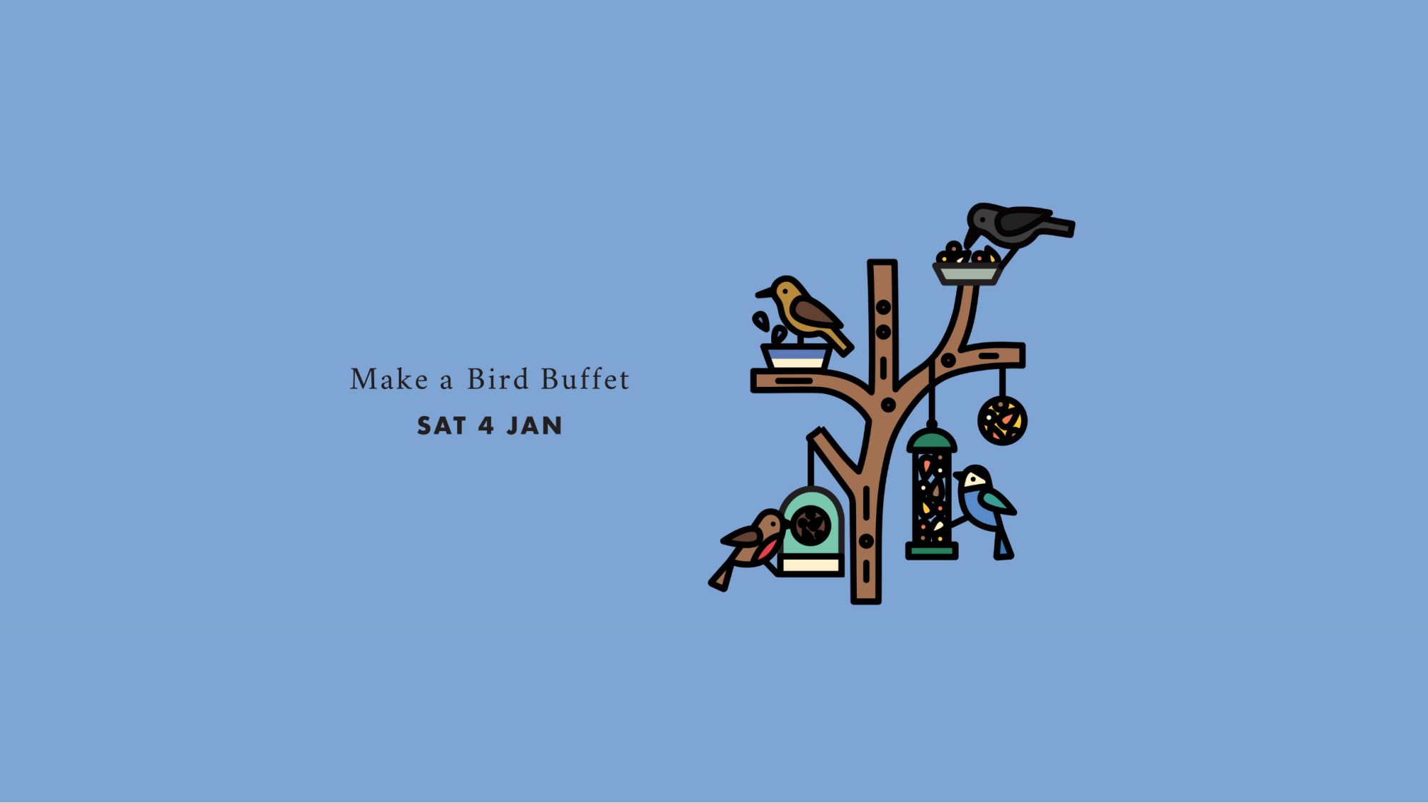 illustration of garden birds feasting at bird feeders