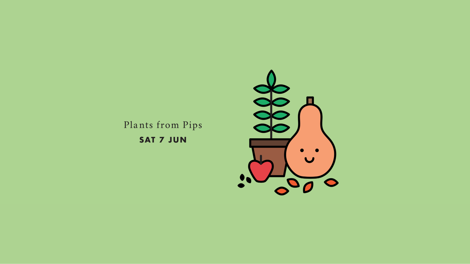 Illustration of a plant in a pot, a squash with a smiley face, an apple and multiple seeds.