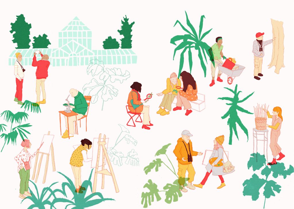 An artist's watercolour drawing of different scenarios of people creating and learning in various parts of the Garden.