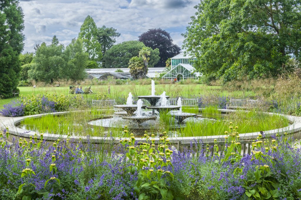 A view over the fountain of the main lawn and glasshouses of Cambridge University Botanic Garden.