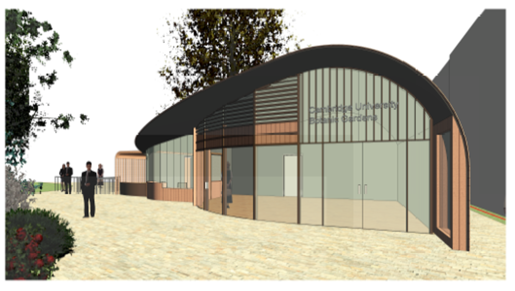 computer generated image of new welcome building with curved roof and a path leading into the garden