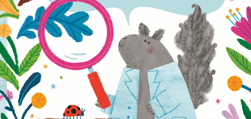 A cartoon squirrel holds a red magnifying glass, examining a blue leaf. The squirrel wears a light blue coat. Colourful flowers, leaves, and a ladybug surround it against a white background.
