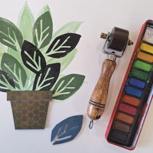 Linocut with watercolour and chine collé