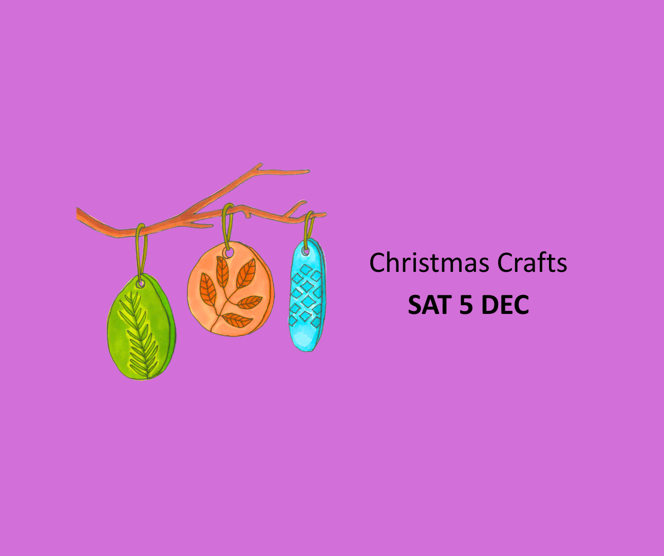 Image of a stick adorned with Christmas decorations.