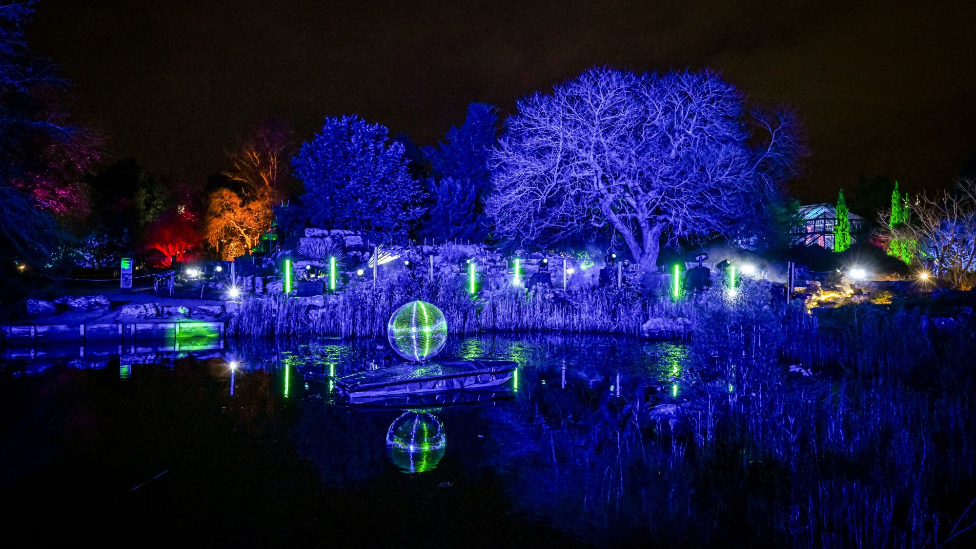 A view of the lake with a disco ball in the middle and trees illuminated in different colours.